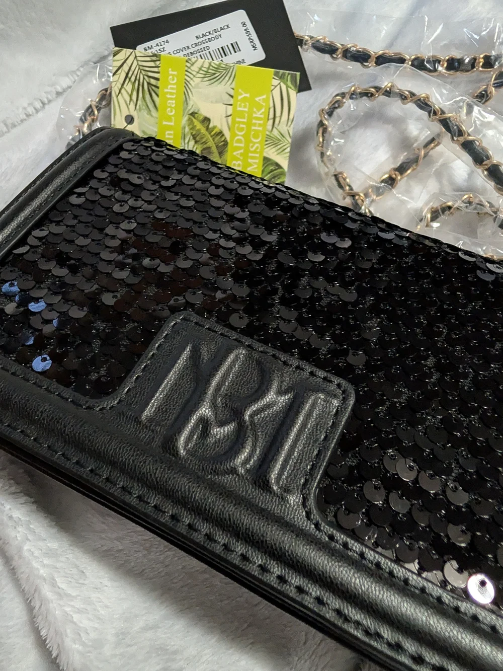 Black Sequin Crossbody Bag with Chain Strap